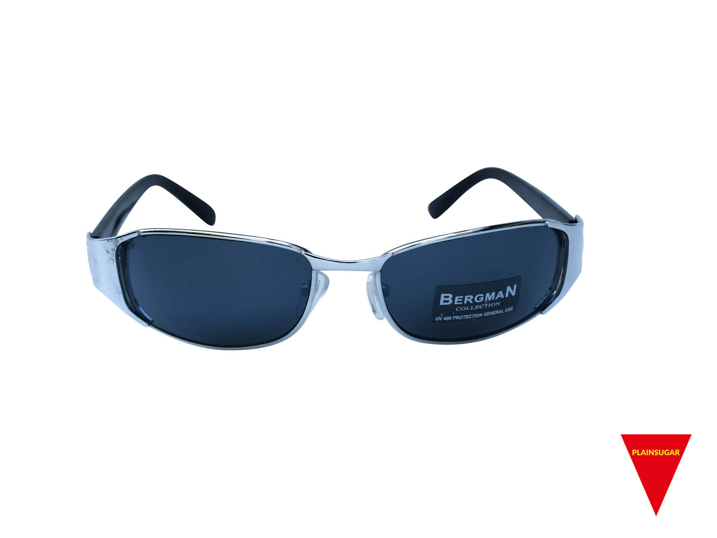 90's Futuristic Sunglasses, Medium Silver Metal Frame with Black Plastic Arms and Dark Lenses, Original Unworn Vintage