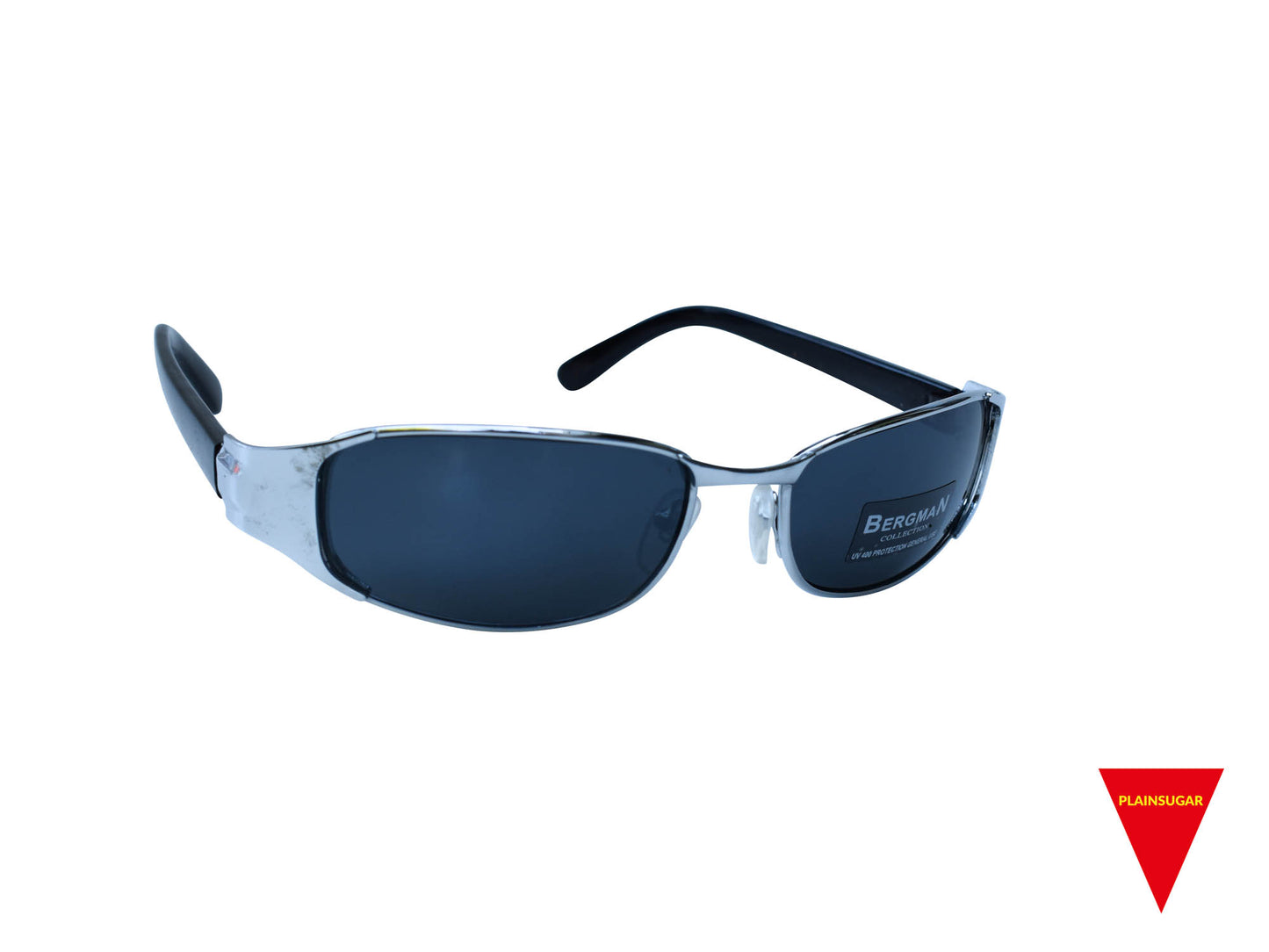 90's Futuristic Sunglasses, Medium Silver Metal Frame with Black Plastic Arms and Dark Lenses, Original Unworn Vintage