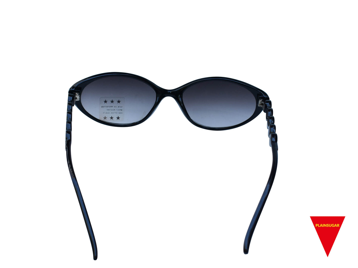 80's Cat Eye Sunglasses, Medium Black Plastic Frame with Decorative Gold Sides, Dark Lenses, Original Unworn Vintage